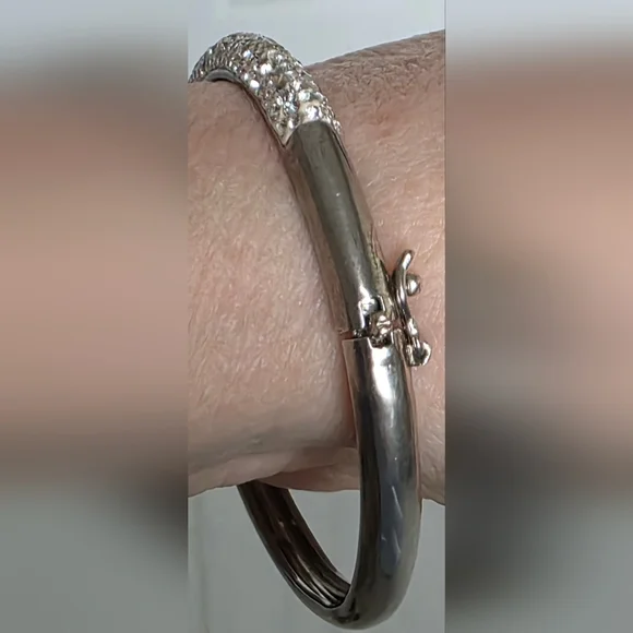 Sterling Silver Tested 925 Rhinestone Hinged Bangle Bracelet Vintage 13.6 Grams - Picture 10 of 12